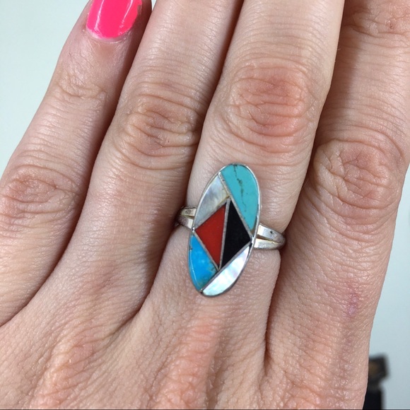 Sterling, Turquoise, Coral, MOP Onyx Ring - Picture 2 of 8